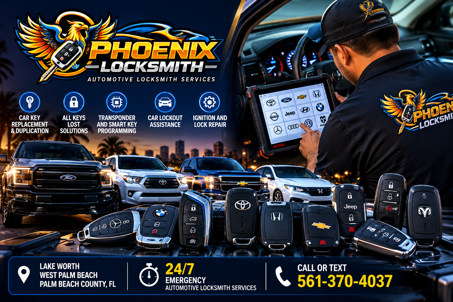 Phoenix Locksmith - CerrajerÃa automotriz, duplicación y programación de llaves de autos en Lake Worth y West Palm Beach, Florida.